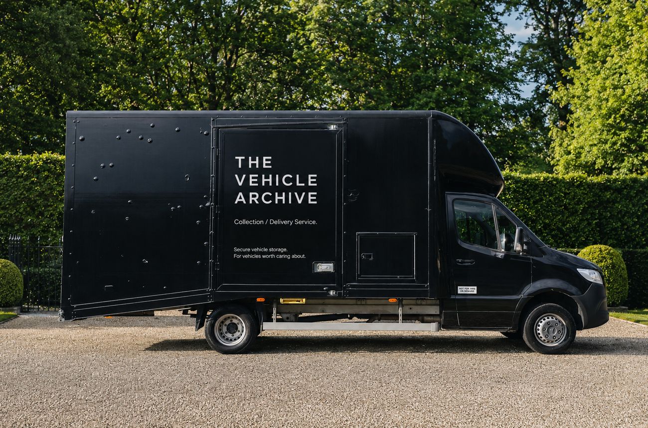 The Vehicle Archive enclosed transporter in daylight, ready to collect a vehicle