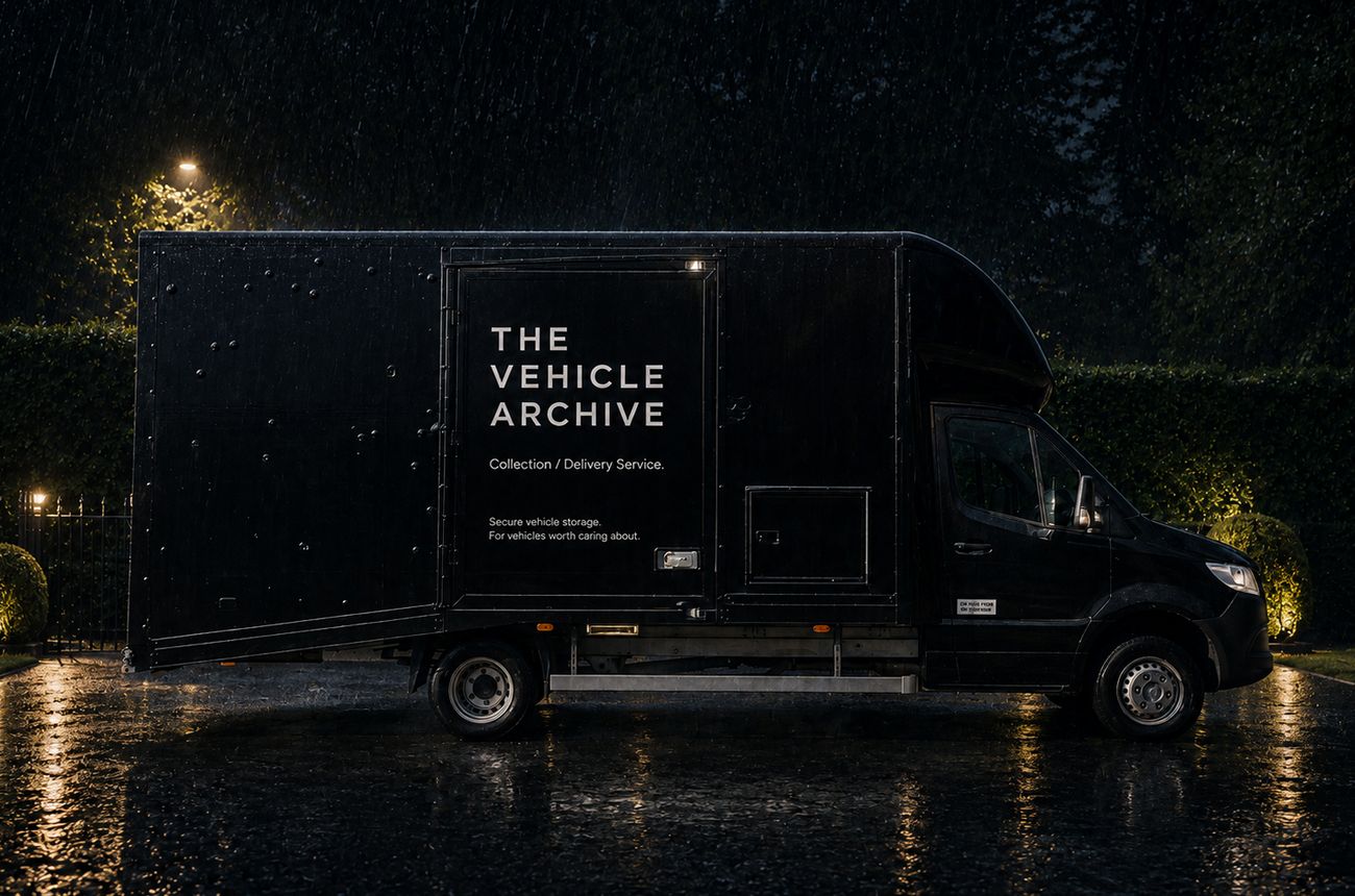 The same transporter at night in heavy rain, delivering a vehicle to the Archive