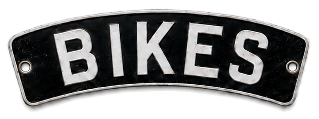 Vintage arched British motorcycle plate reading BIKES — secure motorcycle storage