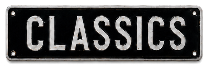 Black and silver pressed plate reading CLASSICS — classic car storage