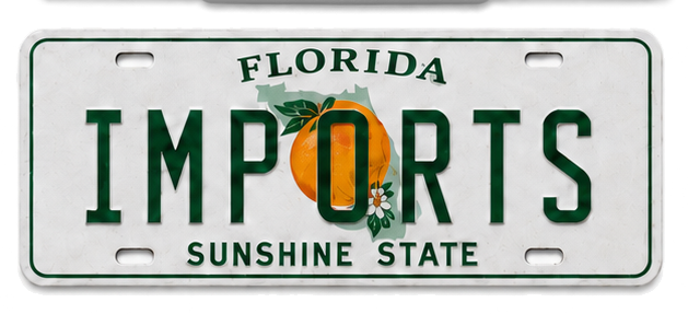 Florida licence plate reading IMPORTS — storage for imported vehicles
