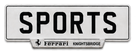 White British plate reading SPORTS with a period Ferrari dealer strip — sports car storage